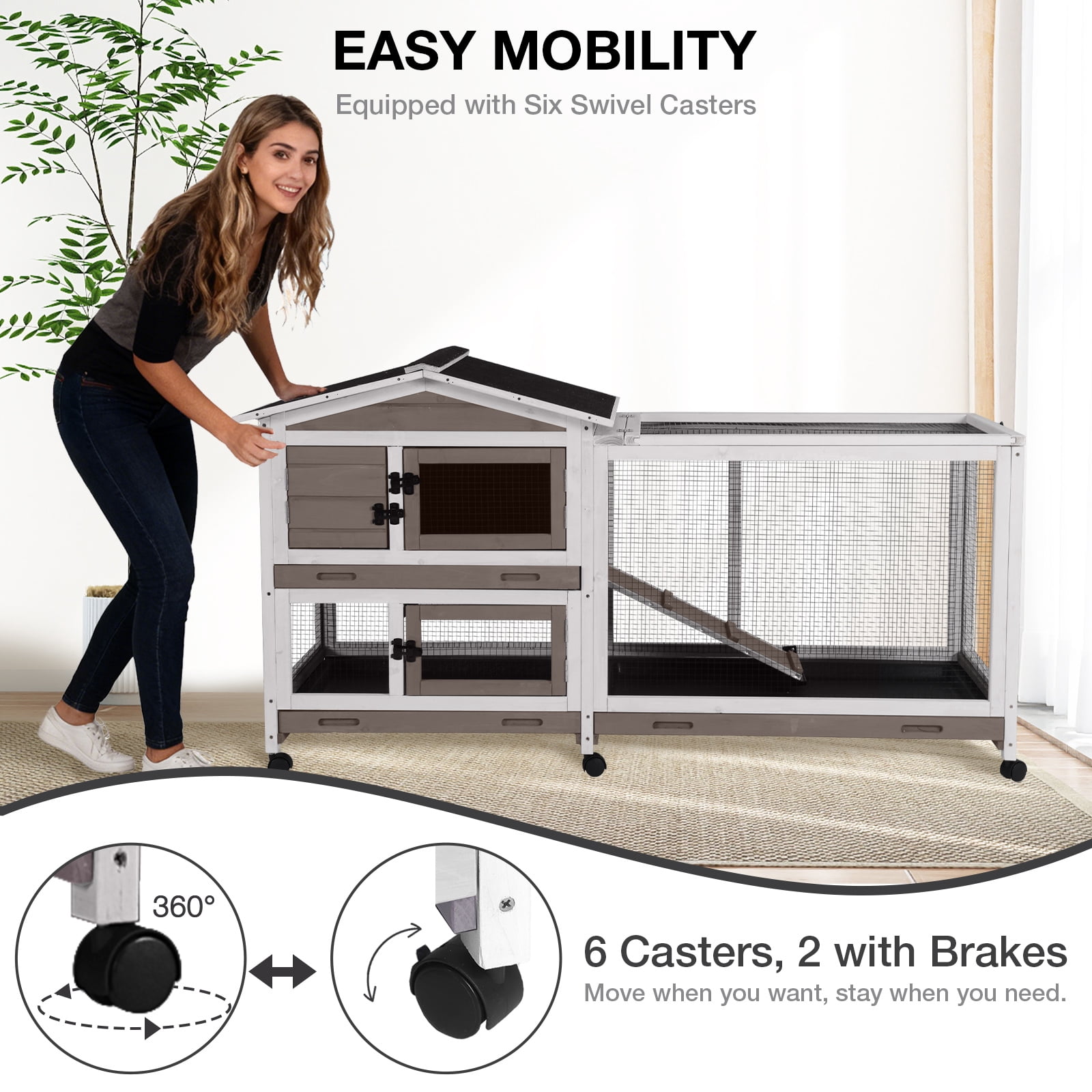 Aivituvin 62" Rabbit Hutch with Wheels for Outdoor & Indoor, 2-Story Bunny Cage with Pull Out Tray, Chew-Proof Ramp, Waterproof Roof, Brown