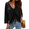 thumbnail image 3 of Women Drawstring Ruching Front V Neck Long Sleeve Waffle Top, 3 of 4