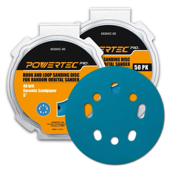 POWERTEC 100PK PRO 5 Inch Sanding Discs Hook and Loop, 40 Grit, Ceramic Orbital Sander Sandpaper for 5 & 8 Hole Random Orbital Sanders - Automotive, Paint, Metal, Woodworking (45304C-50-P2)