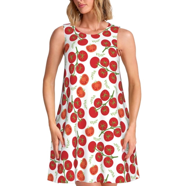 Vsdgher Robes d'Été Imprimé Tomate pour Femmes Robe de Plage Décontractée Col en U Sans Manches Robe d'Été Ample avec Poche