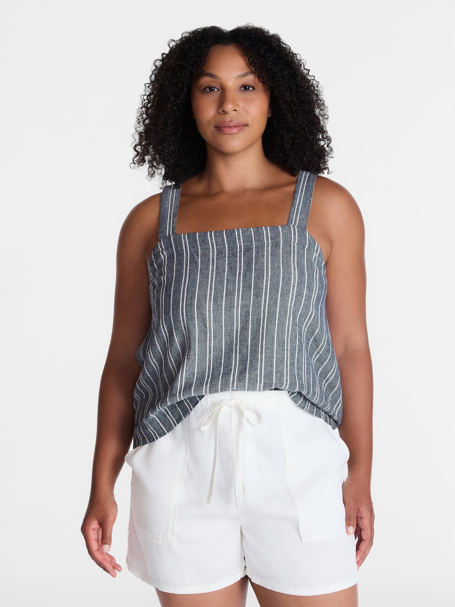 Time and Tru Women's Square Neck Linen Tank, Sizes XS-XXXL