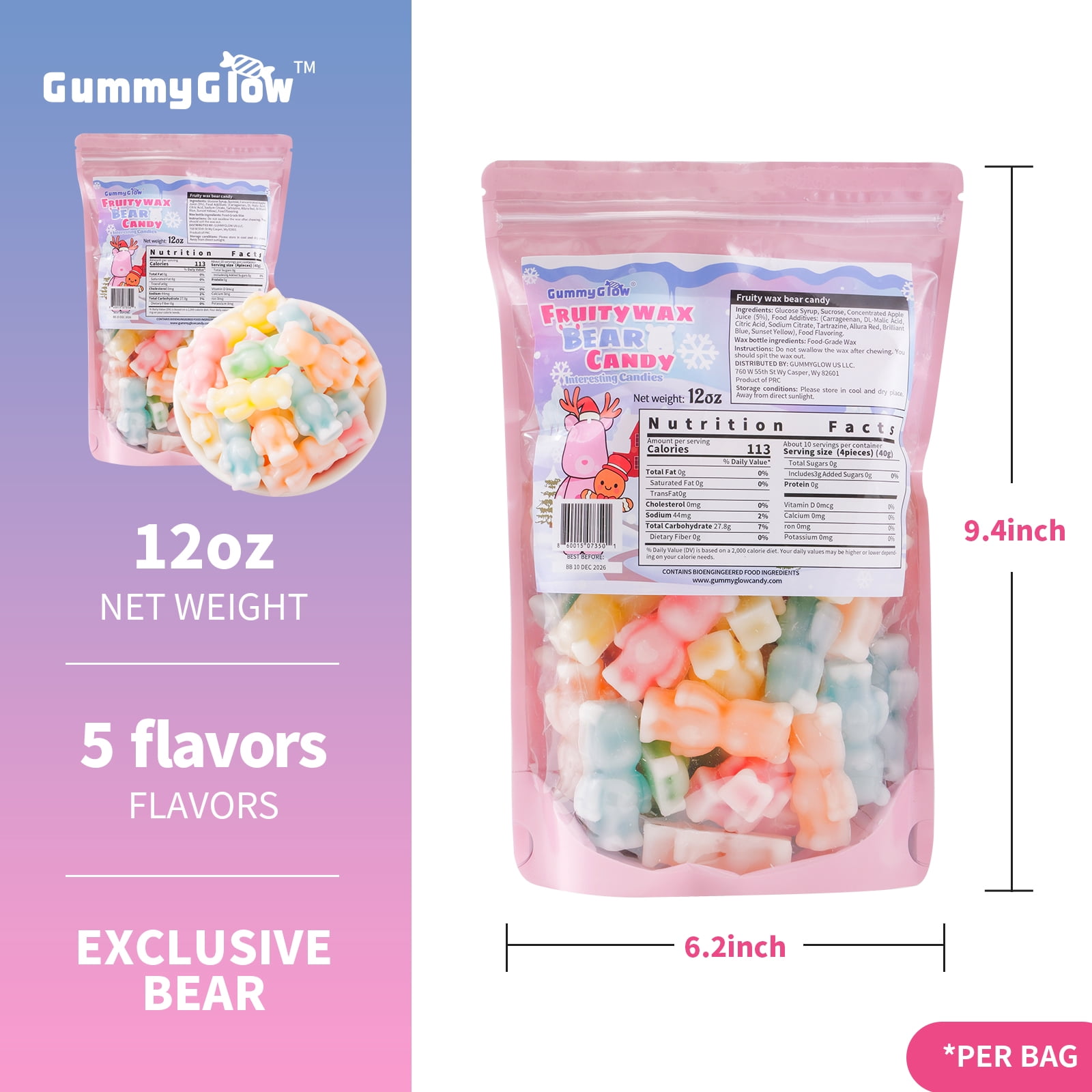GummyGlow Fruity Bears Wax Candy, 12oz Bag Gluten Free - Chewy Retro Sweets with 5 Fruity Flavors, Ideal for ASMR Snacks, Viral TikTok Treats, Novelty Vintage Treats, Parties & Gifts