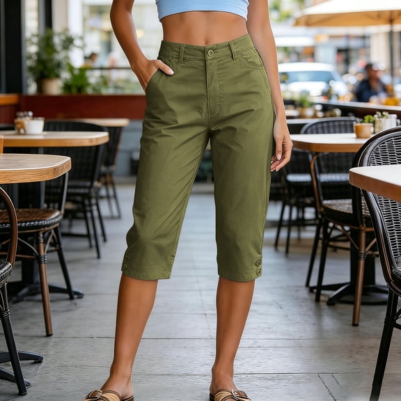 Utoimkio Single Button Fly Cuff Button Detail Capri Cropped Pants for Women Solid Mid Calf Casual Walking Outdoor Trousers with Side Slip Pockets