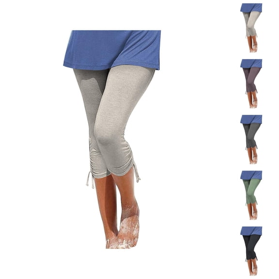 Capri Leggings for Women Summer Casual Elastic High Waist Drawstring Ruched Hem Workout Yoga Cropped Capris Pants