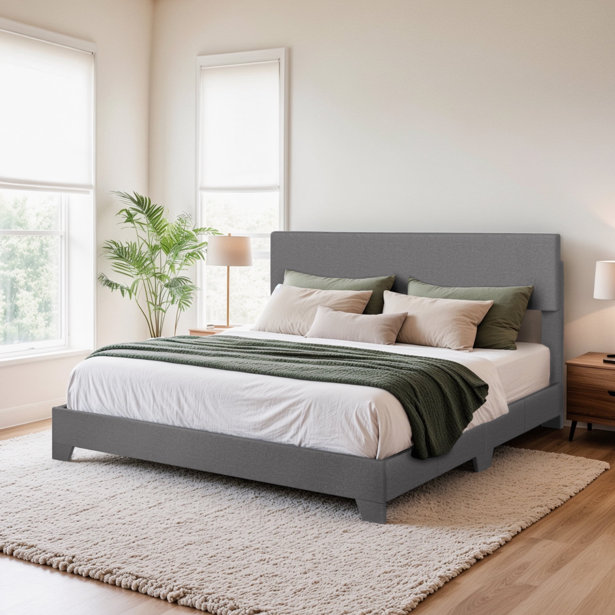Einfach Queen Size Grey Fabric Upholstered Bed Frame with Adjustable Headboard, No Box Spring Needed, Low