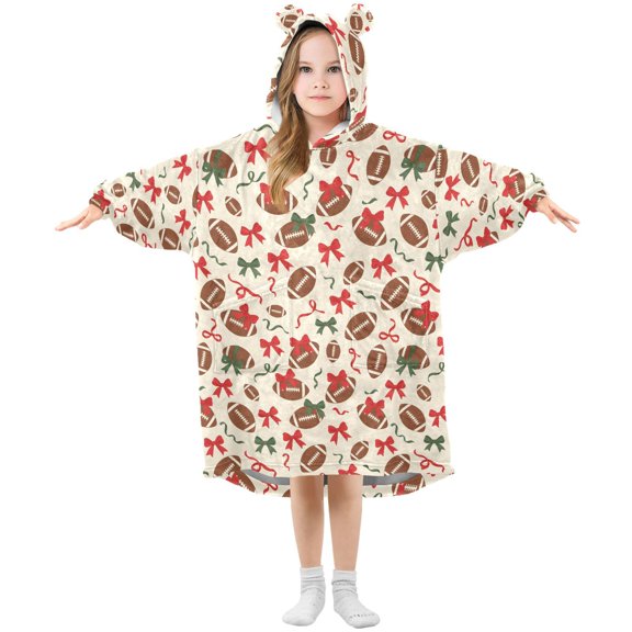 Wearable Blanket Hoodie Oversized Blanket Hoodie for Boys Girls Teens 3-14YR Footballs Bows