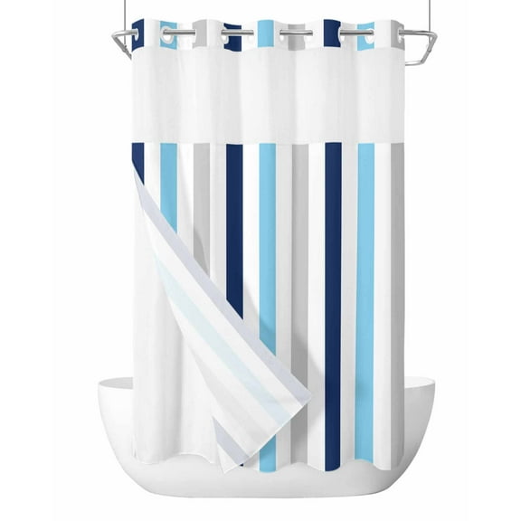No Hook Cloth Fabric Shower Curtain with Snap in Liner, Blue Grey Stripe Waterproof Shower Curtains Set with See Through Top Window, Geometric White Vertical Striped Bath Curtains Shower 36"x72"