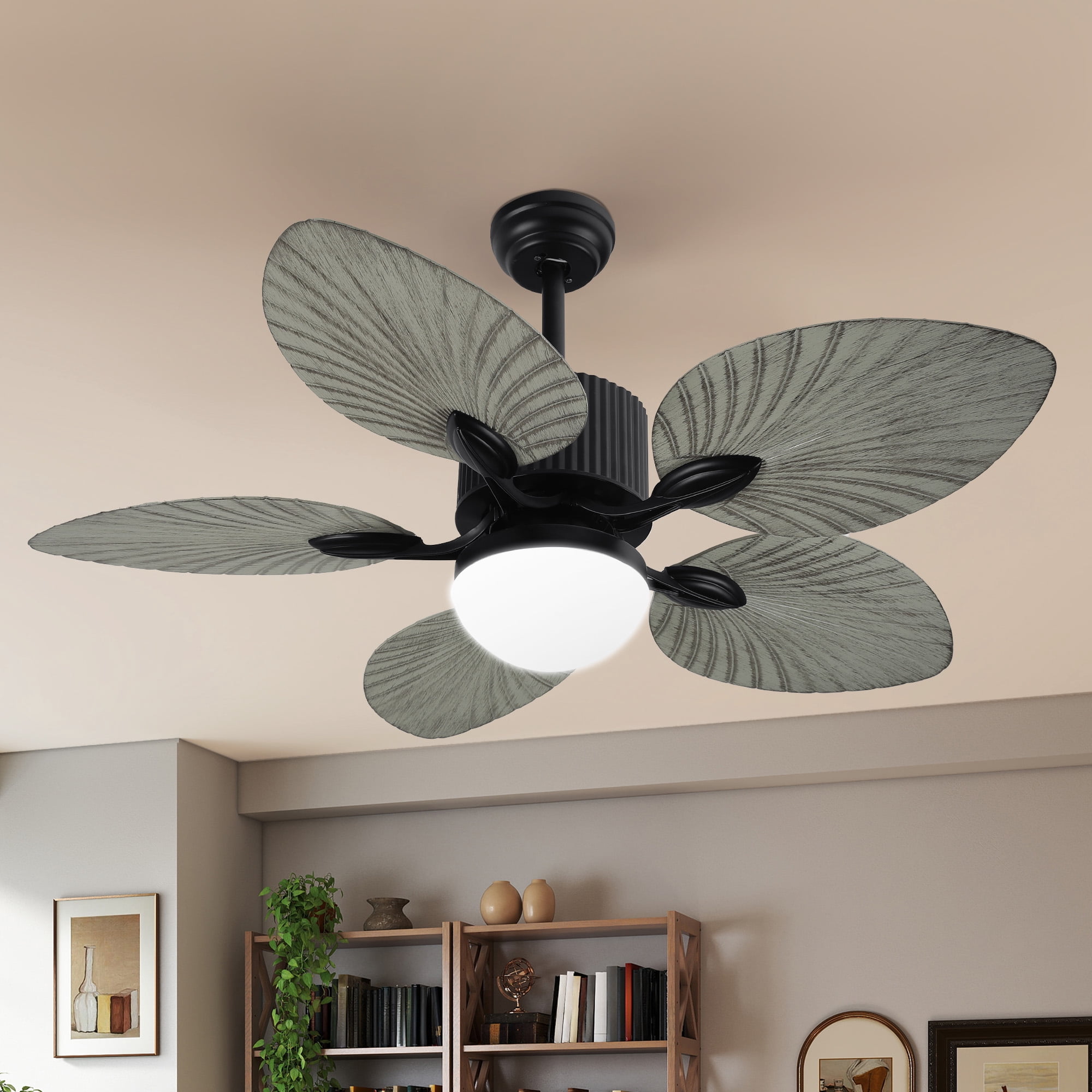 Craftian 44"  Tropical Ceiling Fan with Lights and Remote,5 Palm Leaf Blades, 3-Color LED, Timer & Memory, Indoor/Outdoor - Gray