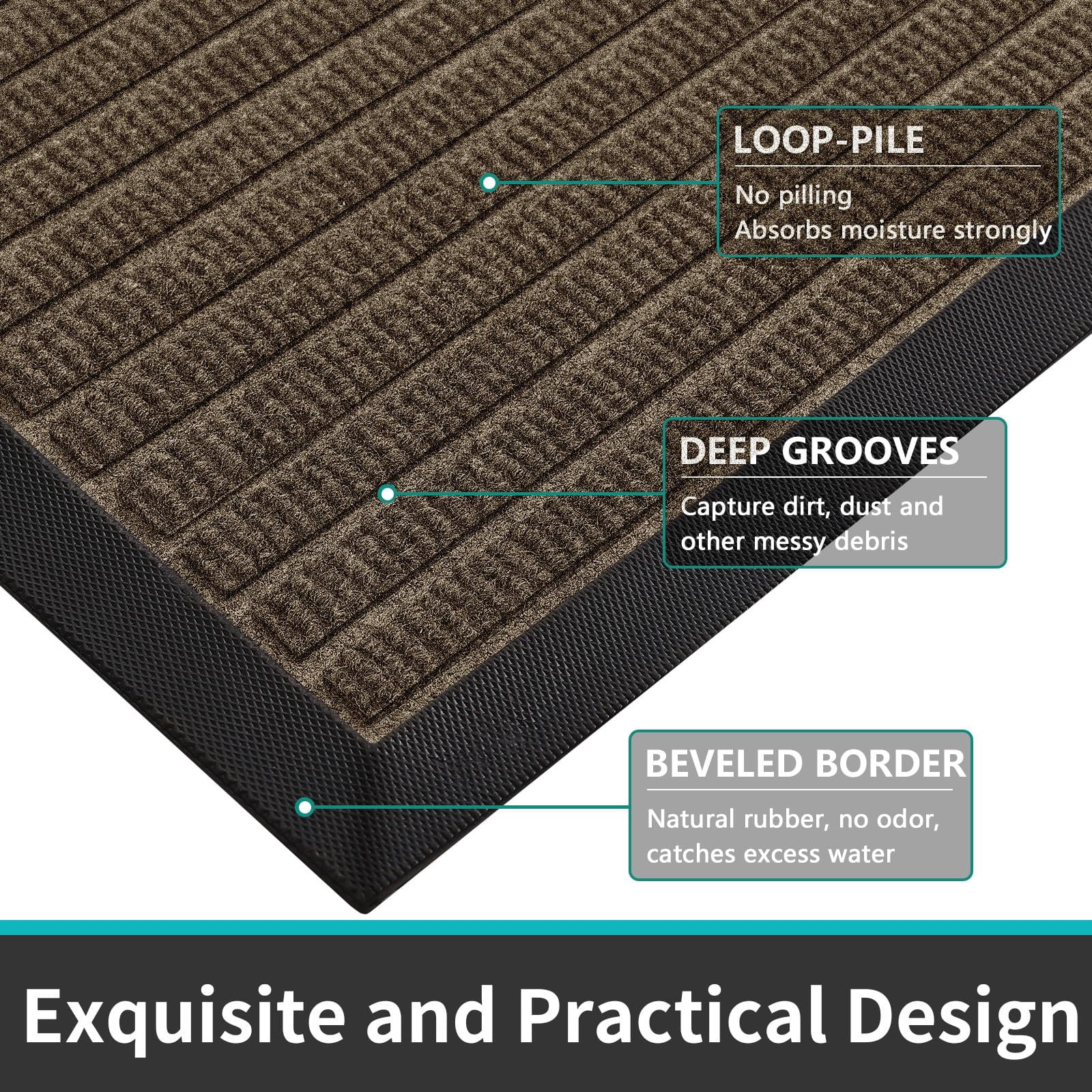 Buganda Heavy Duty Rubber Door Mat for Outside Entry, 17" x 29.5" Non-Slip Waterproof Doormat for Inside, Low Profile Dirt Trapper Doormat, Brown