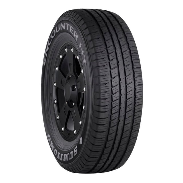 llanta 275/70r16 sumitomo encounter ht 114h 3/4 frontal montada en rin negro, banda de rodamiento con cinco ranuras circunferenciales y bloques rectangulares, flanco con letras blancas "ENCOUNTER HT" y "SUMITOMO", diseñada para manejo en pavimento seco y tracción en húmedo; opción habitual para reemplazo de rin 16.