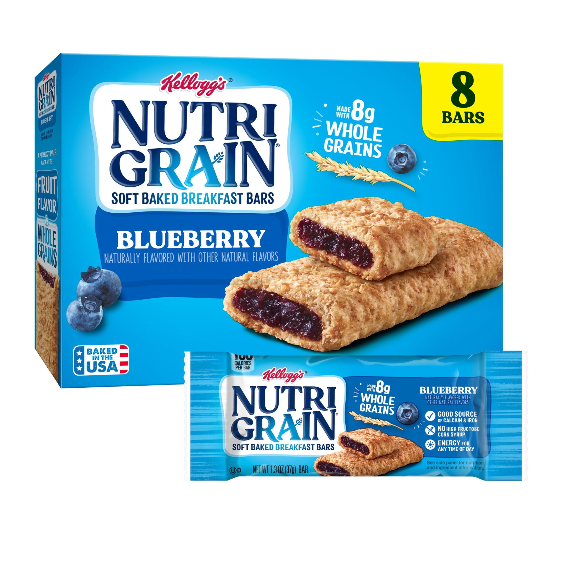 Kellogg's Nutri-Grain Blueberry Chewy Breakfast Bars, Made with 10g Whole Grains, 10.4 oz, 8 Count