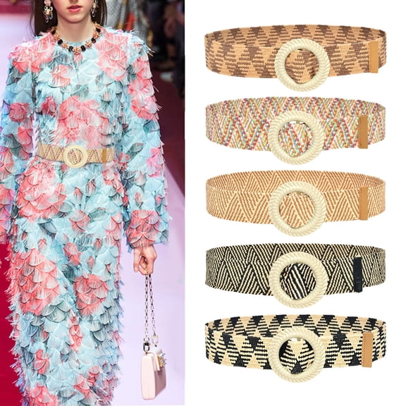 Helii Women Striped Printed Woven Elastic Belt Casual Summer Stretch Belt with Wooden Buckle