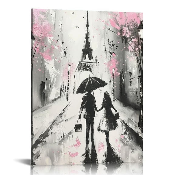 JEUXUS  Abstract Paris Canvas Wall Art: Black White Eiffel Tower Painted , Pink and Grey Picture Print Room Decor for Teen Girls Bedroom Bathroom 12x16 in