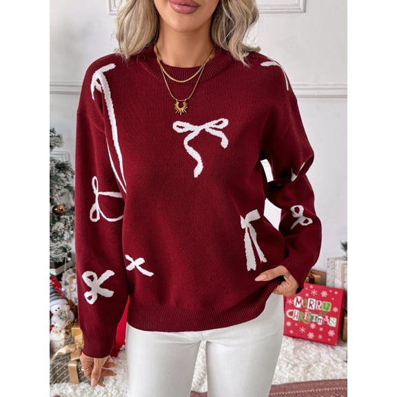 Women's Crew Neck Bow Jacquard Knit Sweater, Drop Shoulder Long Sleeve Loose Pullover Top for Christmas Holiday