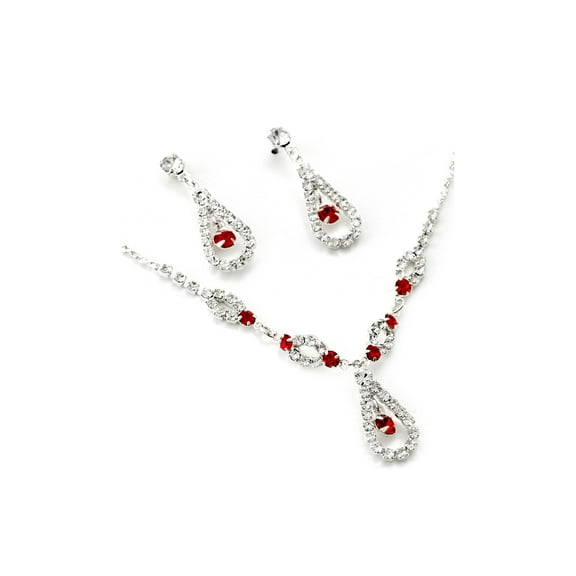 Silver Teardrop Shape Line with Light Siam Rhinestone Fill Bridal Wedding Party Necklace and Matching Dangle Earrings Jewelry Set