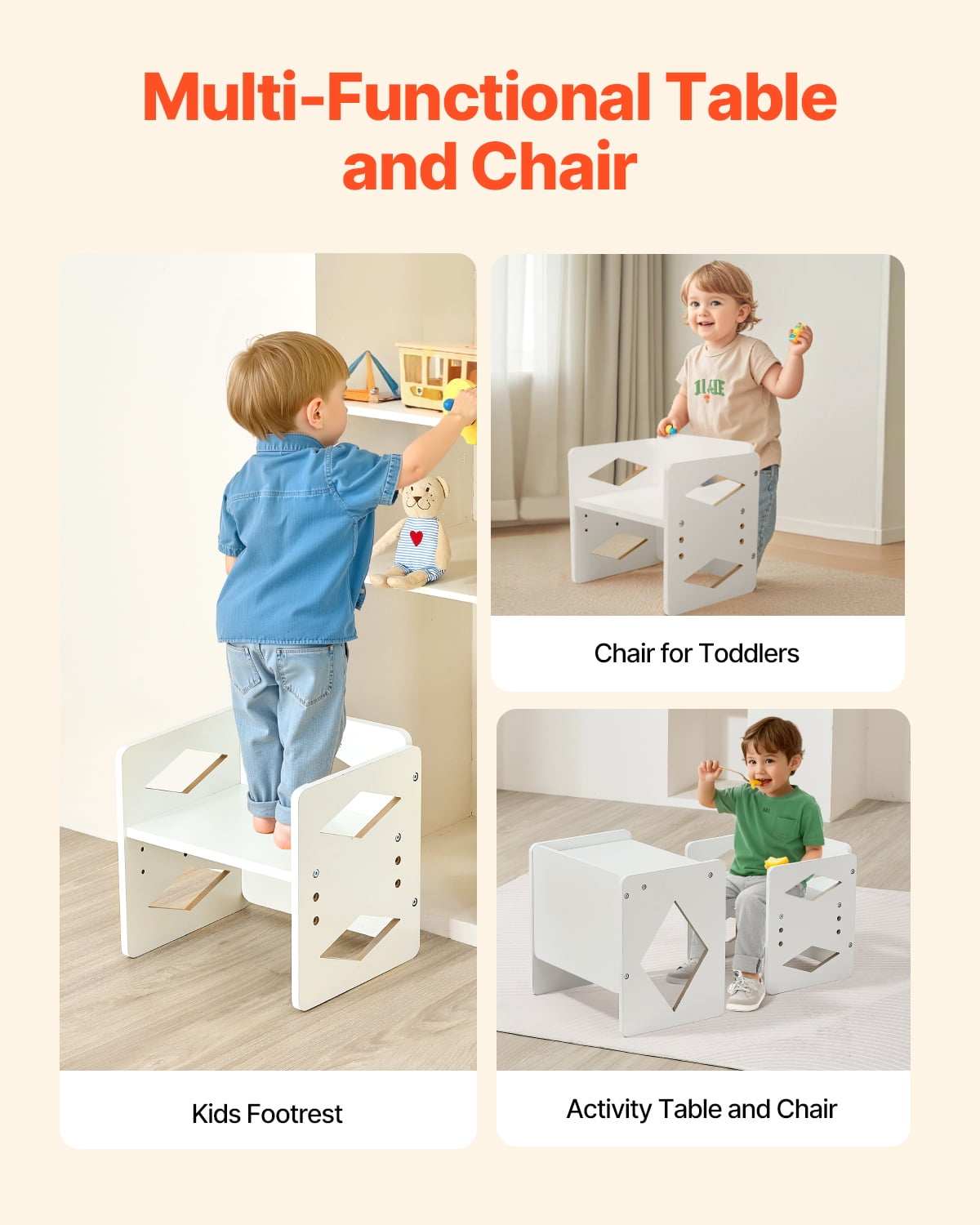 VEVOR Montessori Weaning Table and Chair Set, Wooden Toddler Table and Chair Set for Aged 1-5, Adjustable Height Kids Montessori Chair and Activity Table, Ideal for Reading, Eating, Playing - White