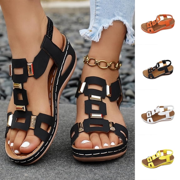 Miluxas Women's Cut Out Leather Wedge Sandals Open Toe Ankle Strap Casual Slingback Sandals Yellow 9.5(43)
