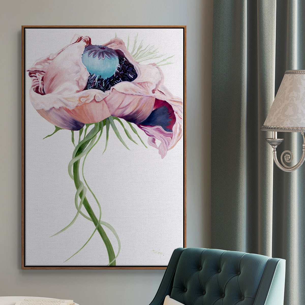 Paris Poppy II Framed Premium Gallery Wrapped Canvas - Ready to Hang - 27 x 41 - Walnut Floating Frame