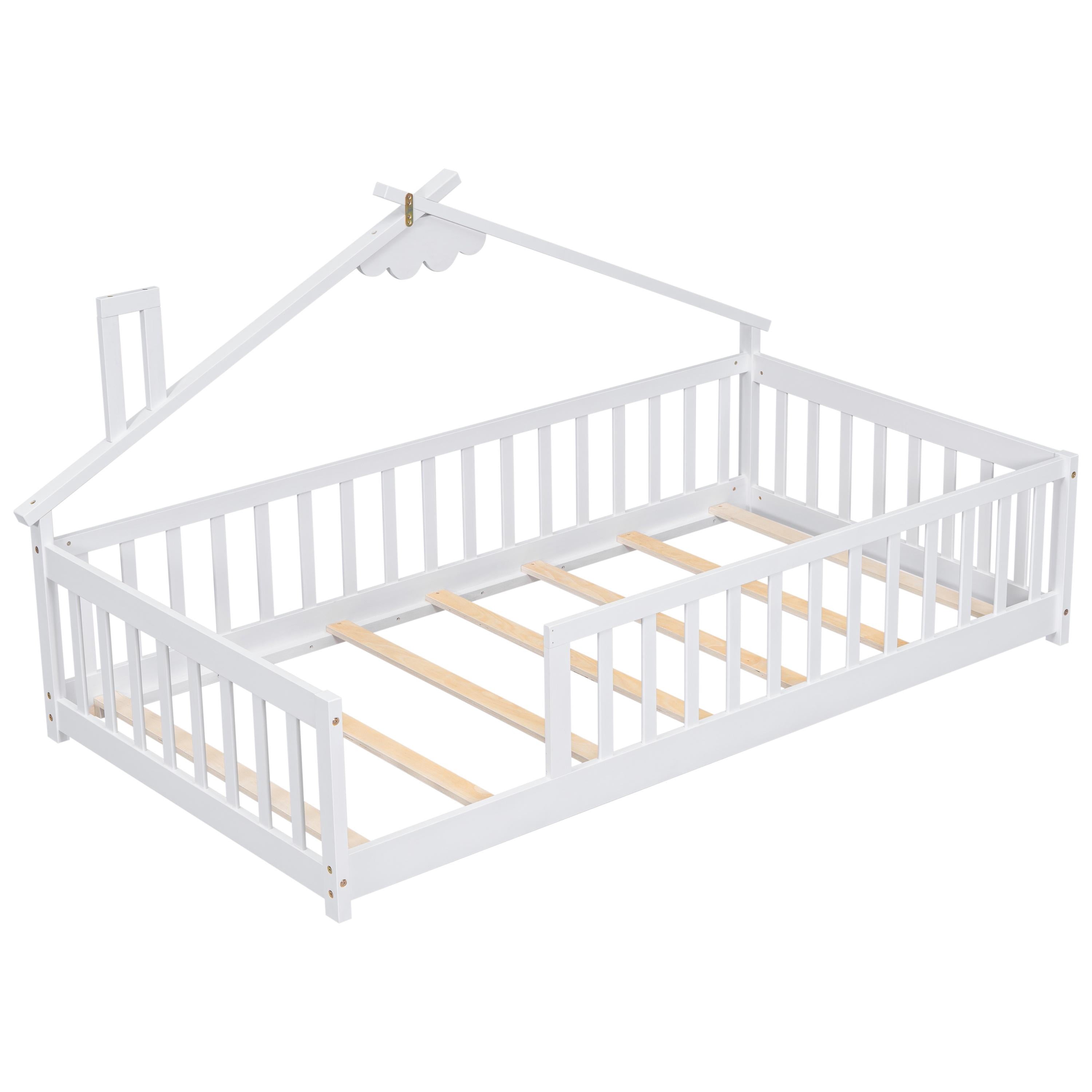 PORKISS Kids Montessori Floor Bed, Twin Floor Bed with Fence for Girls and Boys, without Door, White