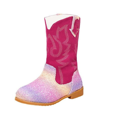 

eileial Boys Girls Rhinestone Combat Boots Mid Calf Riding Shoes Hot Pink 2.5