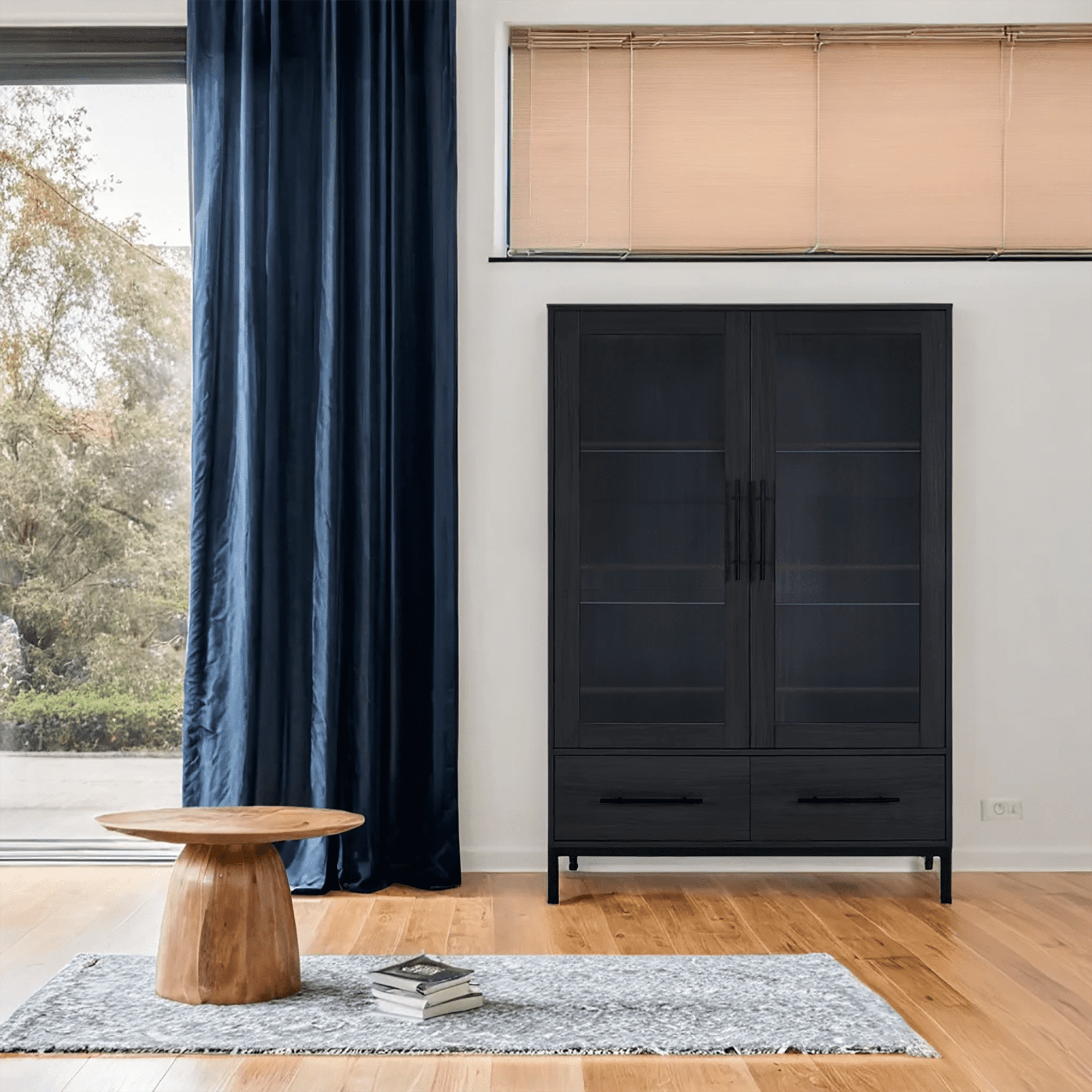 Euroco Modern LED Lighted Display Cabinet with Glass Shelves and Drawers,Storage Curio Cabinet with Adjustable Shelves and Metal Legs, Showcase