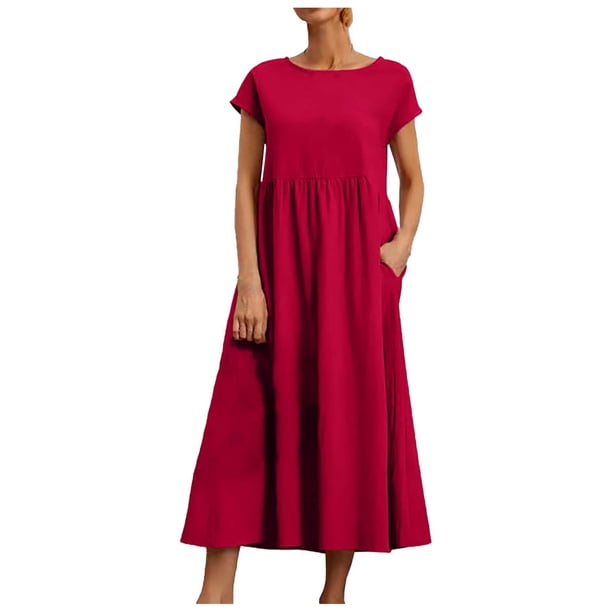 Vestido informal de lino sin mangas para mujer con bolsillos - Vestido midi de verano holgado con cuello redondo