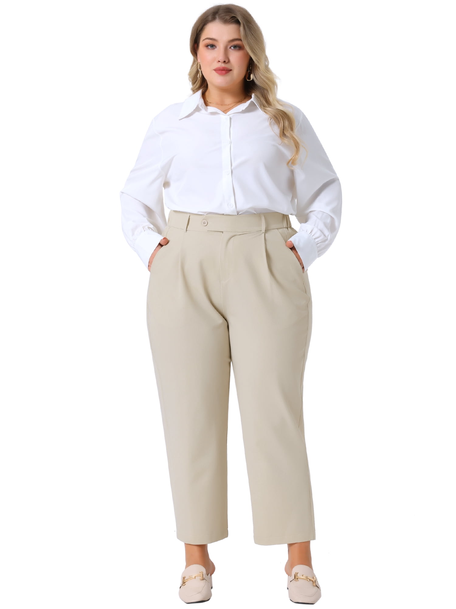 DARING DIVA Women's Plus Elastic High Waisted Long Straight Pants 1X Light Khaki