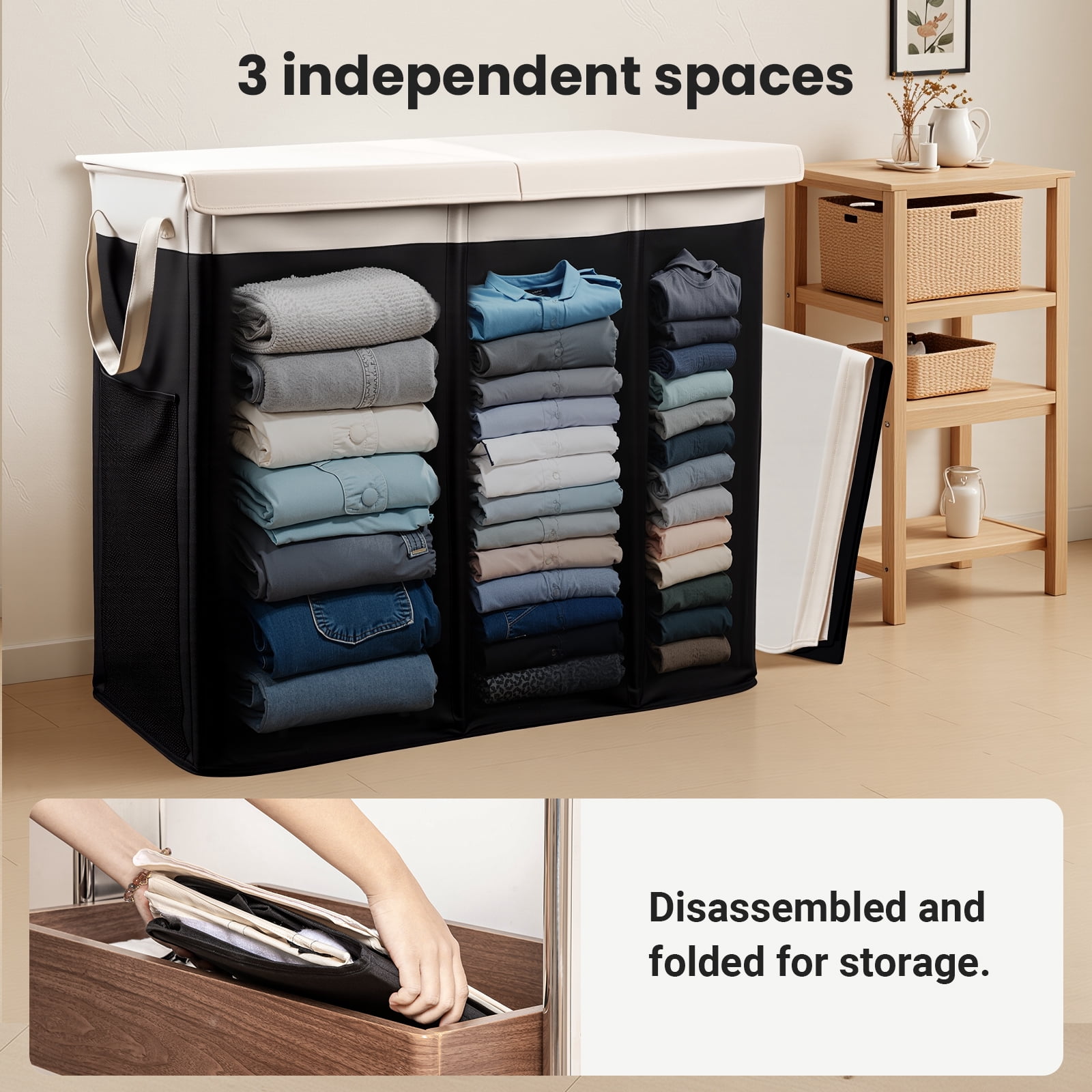 Large Laundry Hamper with Lid, 3-Bin Laundry Baskets with Removable Bags,190L