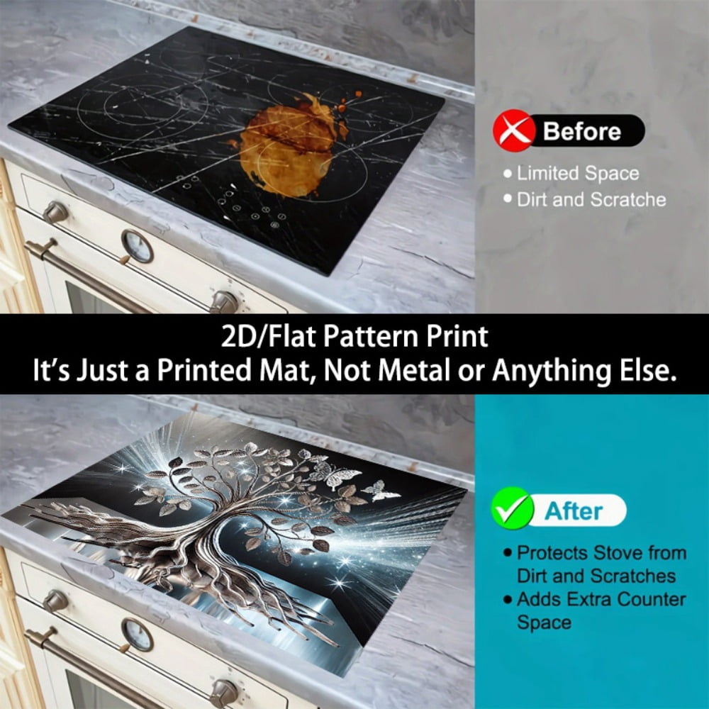 1 2D/flat stove cover protection pad, butterfly starlight decorative tree pattern design, 28.3x20.5 inches (72×52cm), easy to clean, perfectly suitable for any kitchen, washing machine, dryer, stove