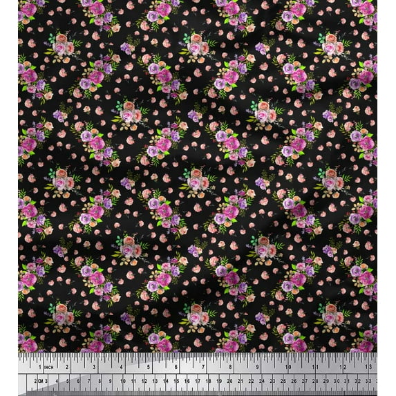 Soimoi Black Cotton Duck Fabric Rose & Floral Decor Fabric Printed 1 Yard 44 Inch Wide