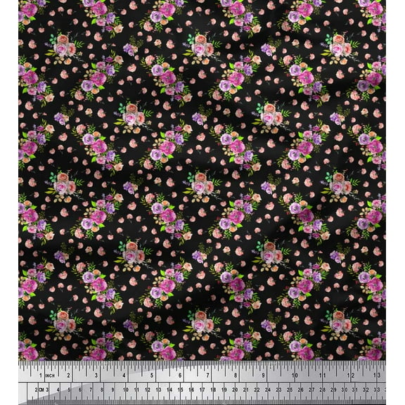Soimoi Black Cotton Duck Fabric Rose & Floral Decor Fabric Printed 1 Yard 44 Inch Wide