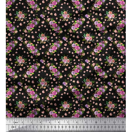 Soimoi Black Cotton Poplin Fabric Rose & Floral Print Fabric By Yard 58 Inch Wide