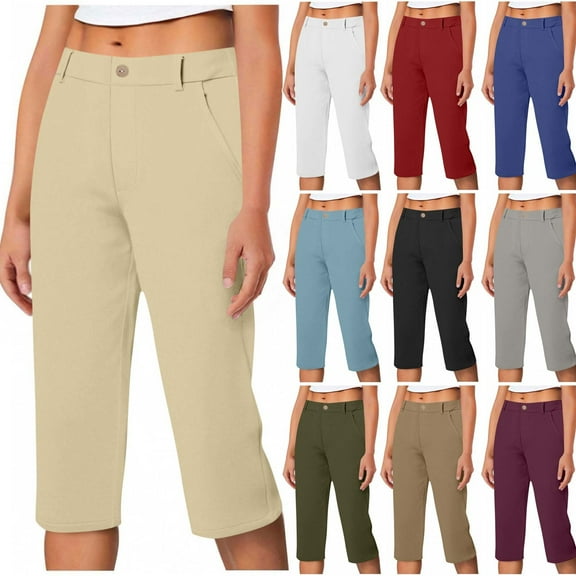 HomeDM Capri Pants for Women Wide Leg Yoga Dress Capris with Pockets Loose Fit Casual Work Office Business Pants Solid Color - Khaki/L