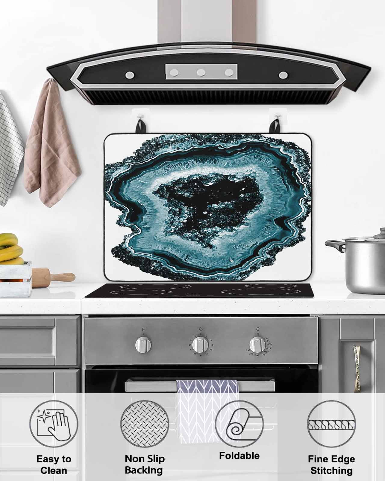 nqOlkjepod Large Induction Cooktop Protector Mat 24"x21", Abstract Marble Stove Top Covers for Electric Stove, Vintage Teal Aesthetic Agate Texture Stove Burner Cover Mats, Glass Top Stove Cover