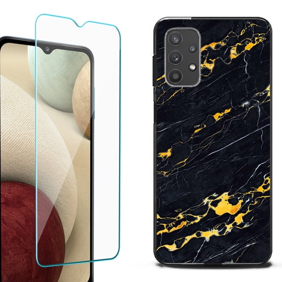 Slim-Fit Flexible TPU Gel Phone Case (black) for Samsung Galaxy A32 5G, with Tempered Glass Screen Protector, by OneToughShield ® - Marble / Lava