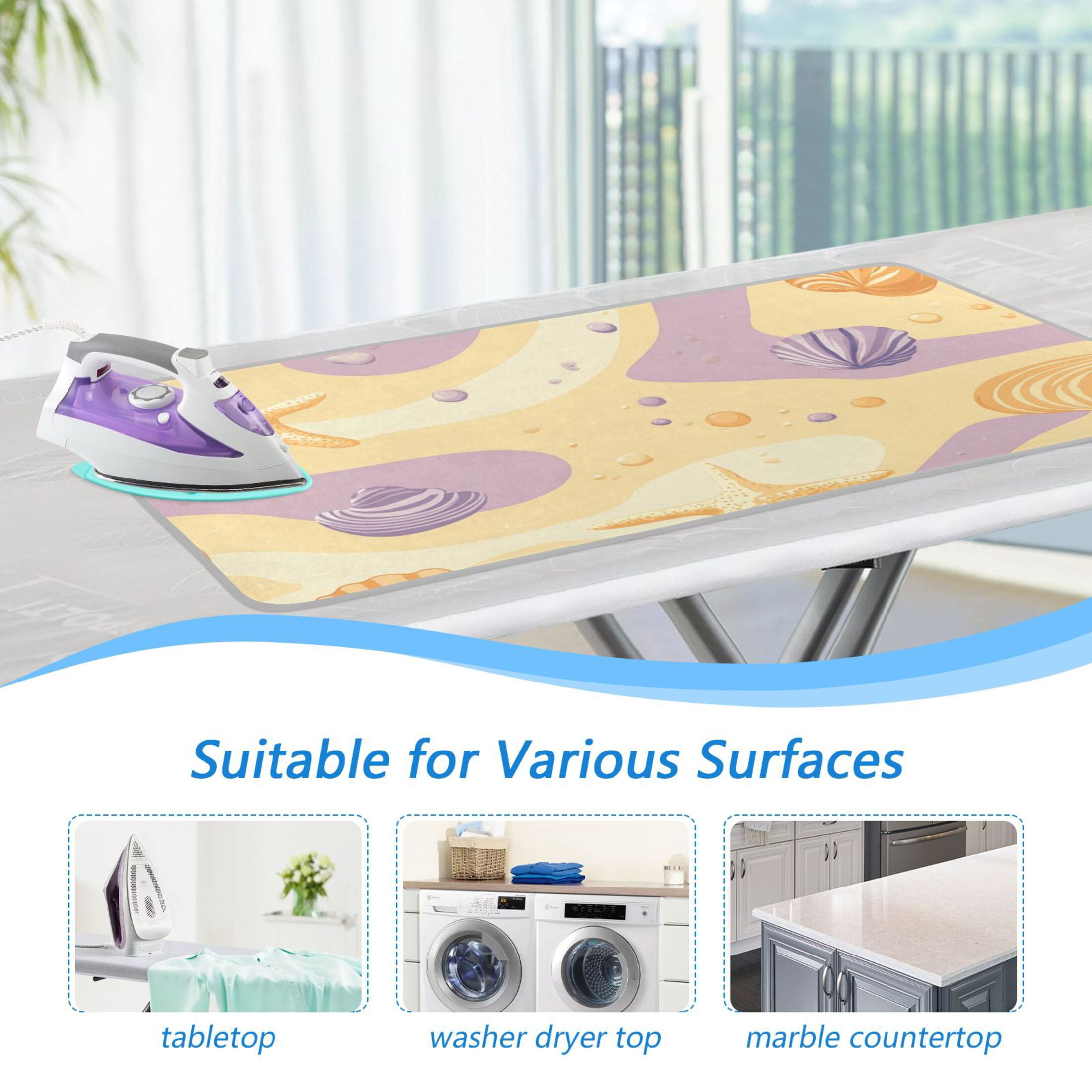 Yellow Purple Starfishes Shells Dots Ironing Mat Blanket Portable Travel Ironing Pad Heat Resistant Pad 47.2" x 27.6”