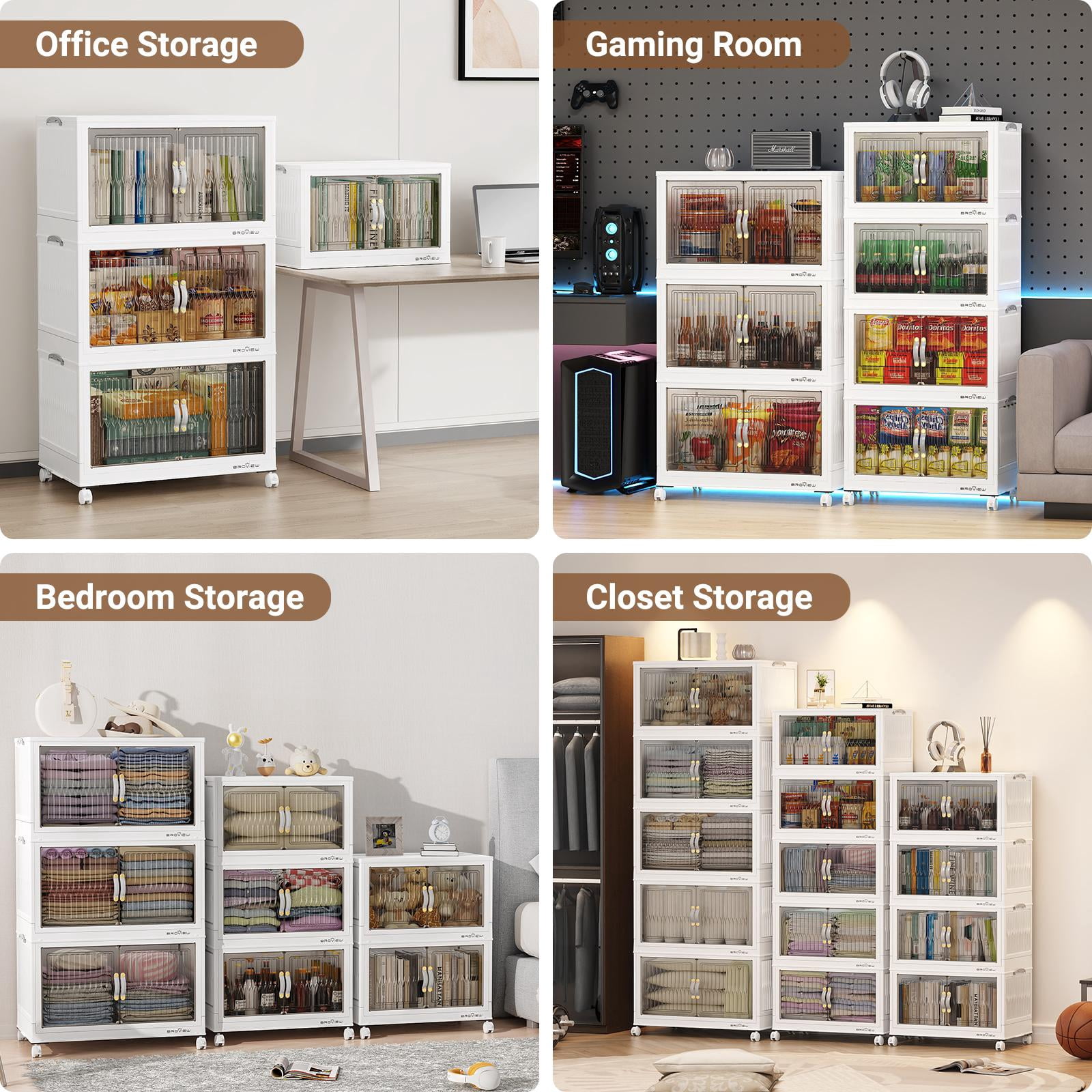 BROVIEW Stackable Storage Bins with Lid Wheels Doors,80QT/20Gal*1Pack Foldable Collapsible Closet Organizers, Plastic Containers Drawers for Bedroom Dorm Garage White