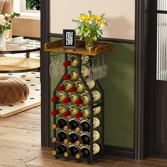 Wine Rack Freestanding Floor, Wine Storage Rack Mini Bar Table with Tabletop, Glass Holder Wine Bottle Display Stand Liquor Cabinet for Home Bar Kitchen Living Room