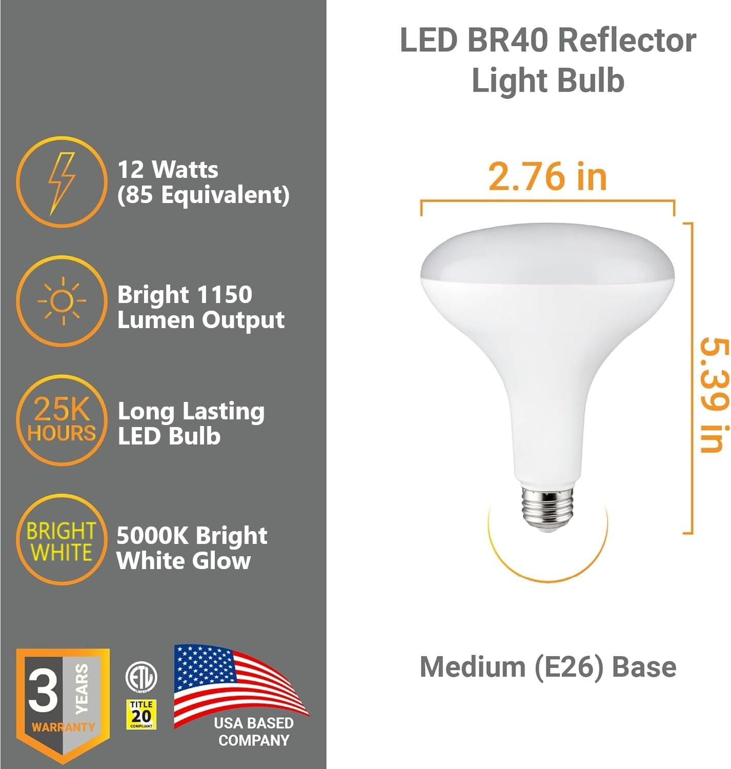 Diodesy- Pack of 6 BR40/LED/12W/950 BR40 LED Reflector Light Bulb, Indoor Flood Light, CRI90, 5000K Bright White, 12W (85W Equivalent), 1150 Lumen, Interior Dimmable Recessed Can Light Bulb,ETL Listed