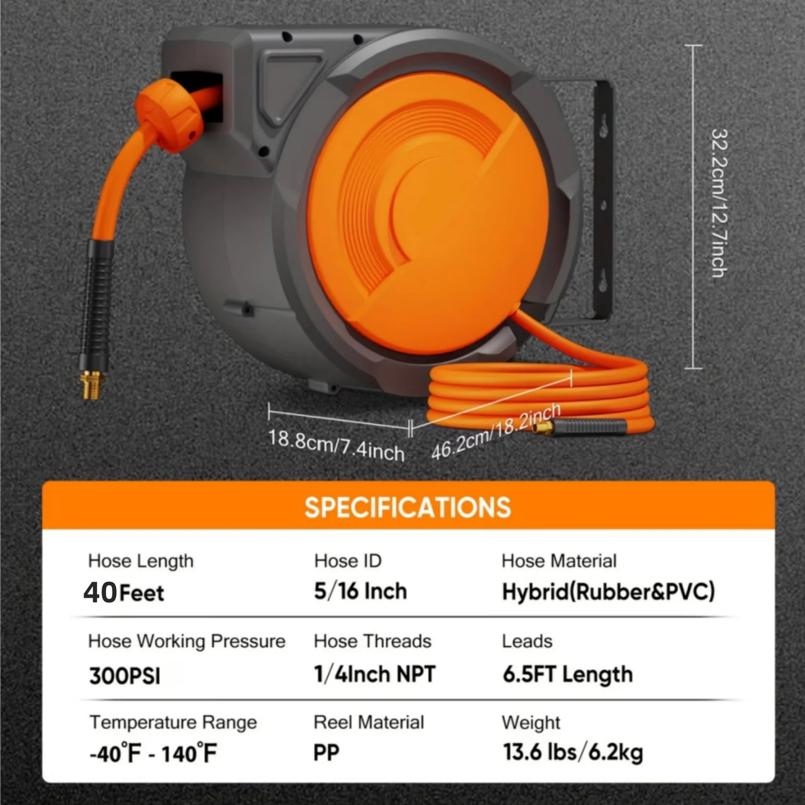 Dkenicor 40ft Retractable Air Hose Reel,5/16" 300 PSI Heavy Duty with 180° Swivel & Lock,6.5ft Lead-in Hose for Garage Workshop,Red