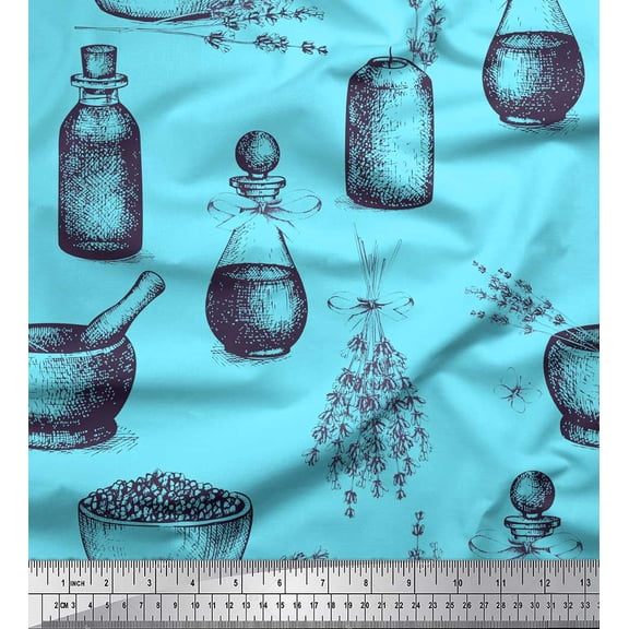 Soimoi Blue Cotton Voile Fabric Lavender,Bottle & Mortar And Pestle Kitchen Printed Craft Fabric by the Yard 42 Inch Wide