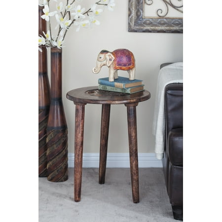 17 X Table Decmode 22 X 17 Inch Modern Round Mango Wood Tripod Accent Table With Carved Tree Design, Brown ()