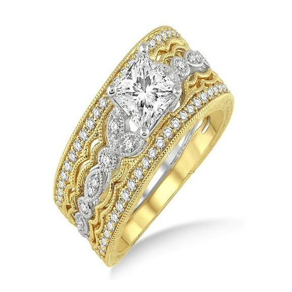1.50 Carat Antique Trio Bridal Set Engagement Ring With Princess Cut Moissnaite Diamond In 10K White And Yellow Gold, Promise Ring, Anniversary Ring