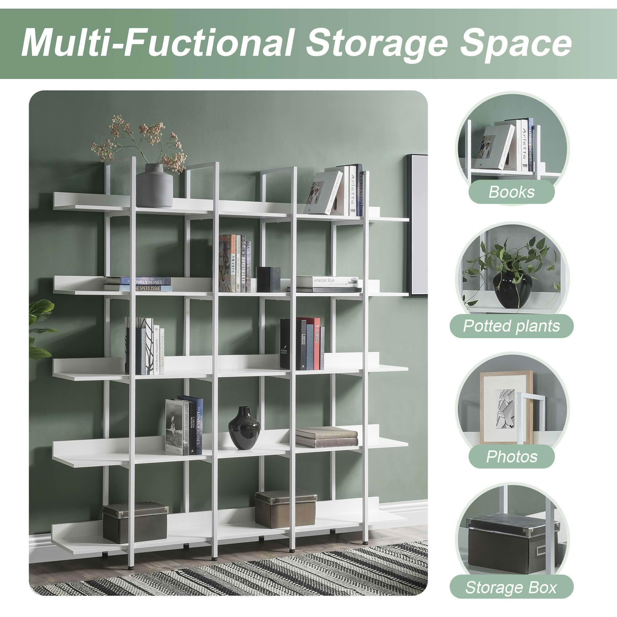 MAYEERTY 5 Tier Bookcase, Vintage Industrial Style Metal Frame MDF Board, Home Office Open Shelf