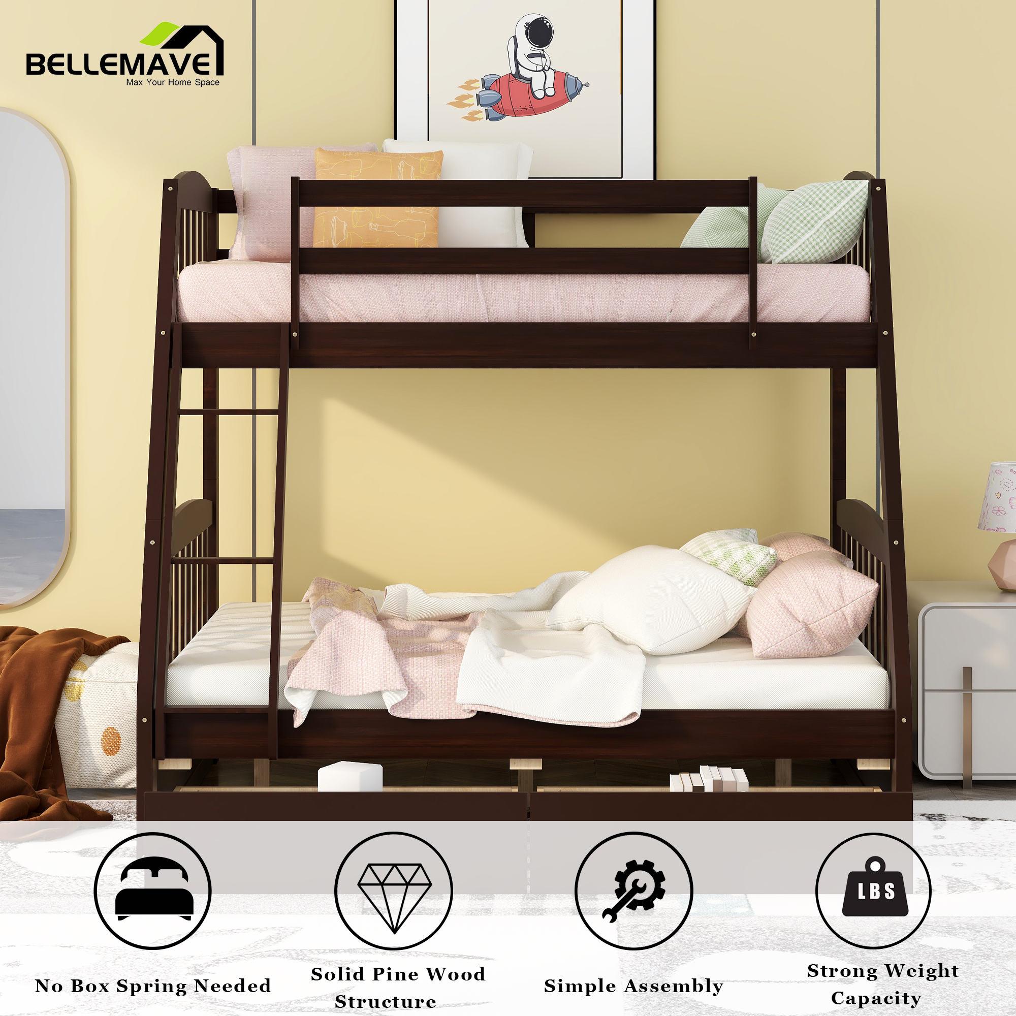 Bellemave Wood Twin over Full Bunk Bed with Storage Drawers, Convertible to 2 Separate Beds for