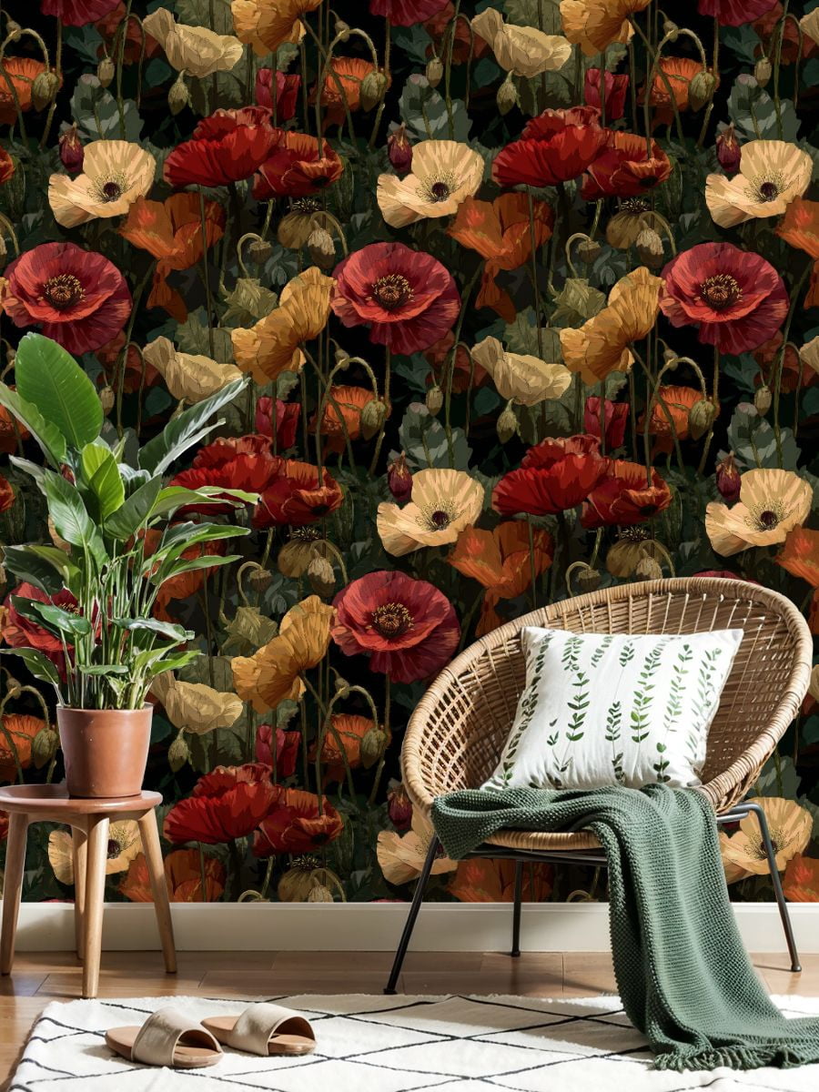 Vintage Peel and Stick Wallpaper Lush Garden Poppies 3D Petal Veins Soft Shadows Wall Mural 23.6in x 9.8ft Self Adhesive Removable Wall Paper Floral Contact Paper for Nursery Bedroom Cabinets