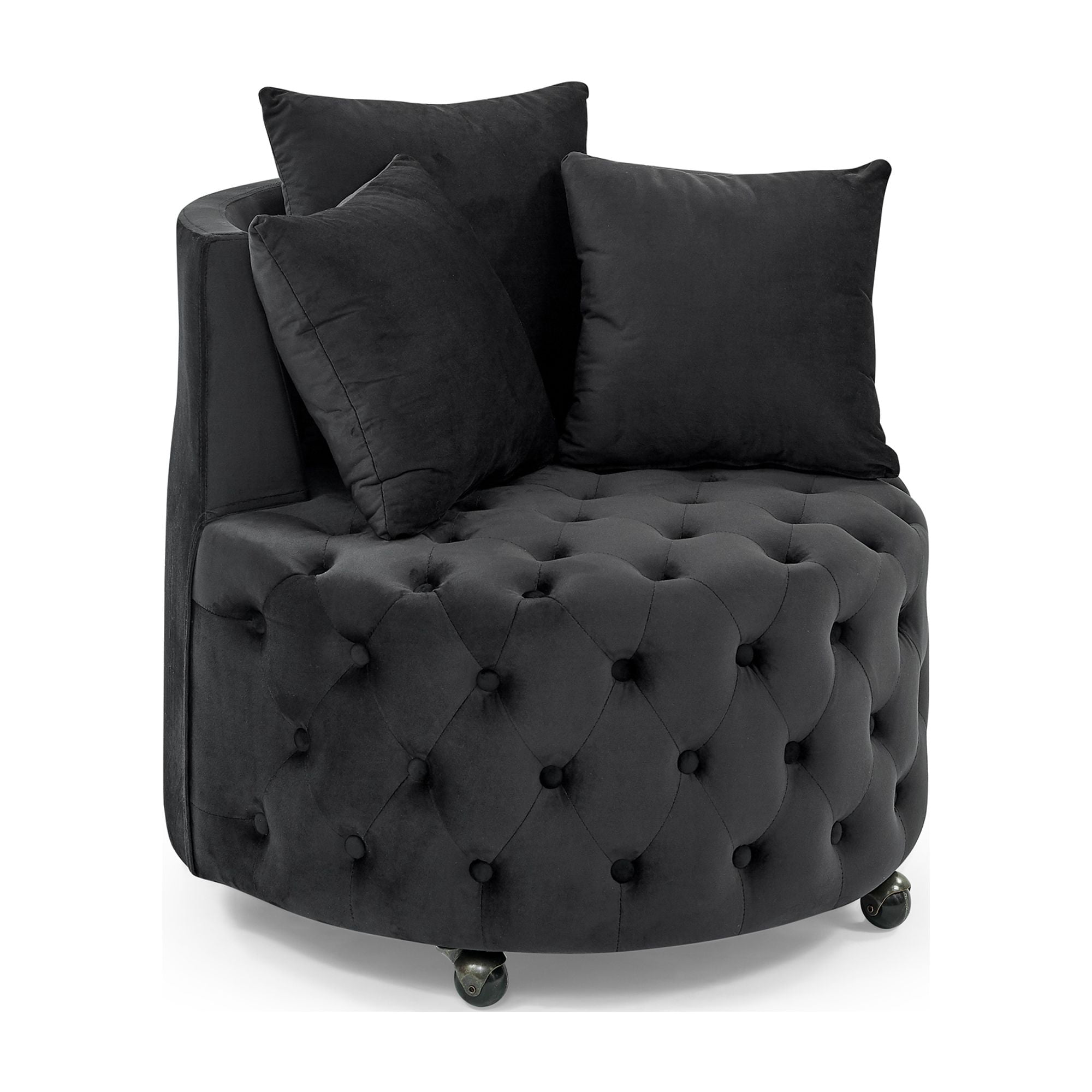 DEALTOPS Velvet Upholstered Swivel Chair for Living Room, with Button Tufted Design and Movable Wheels, Including 3 Pillows-Black