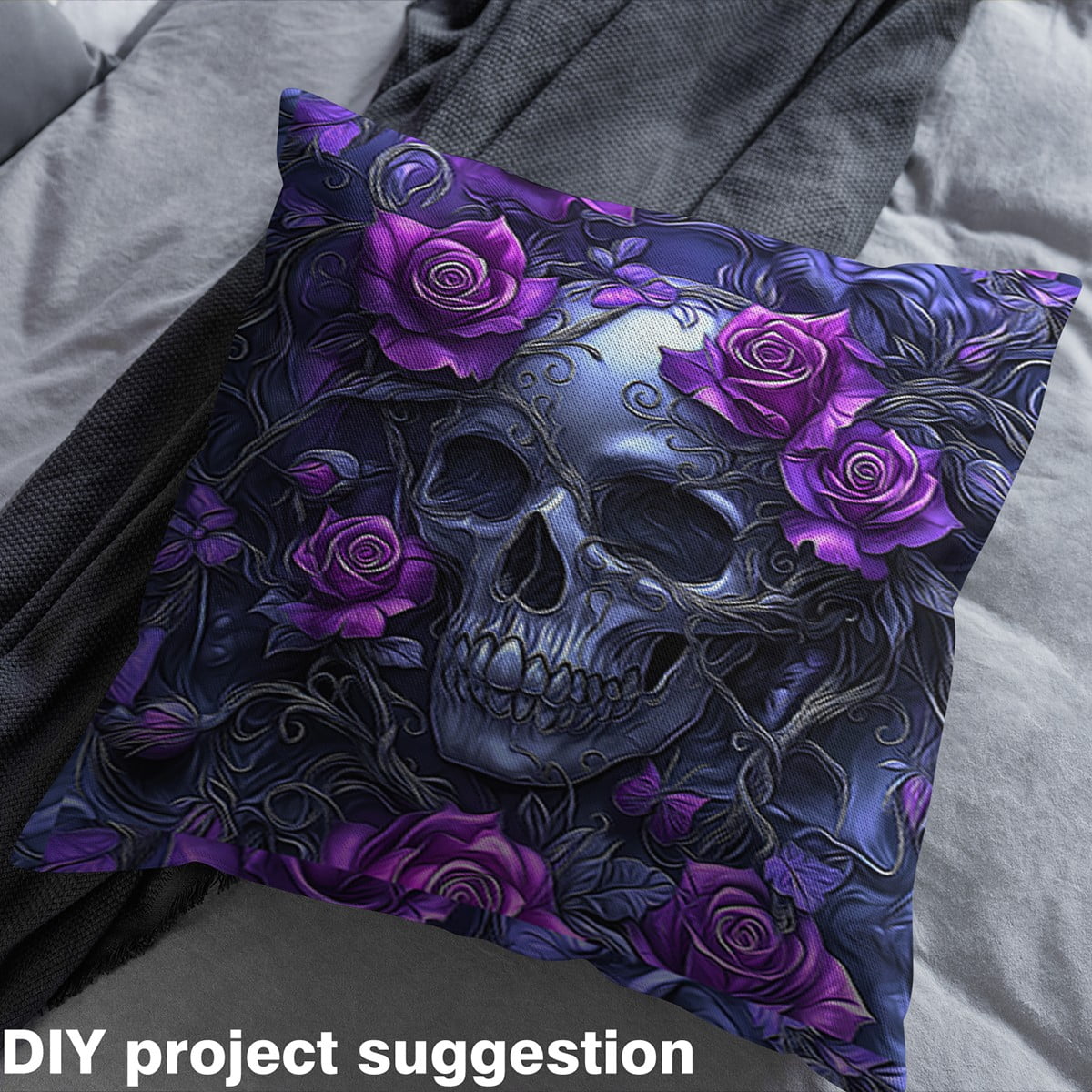 Erosebridal Sugar Skull Fabric By The Yard,Gothic Skeleton Bones Upholstery Fabric,Purple Rose Indoor Outdoor Fabric,Terror Themed Decorative Fabric,Purple Grey,3 Yards