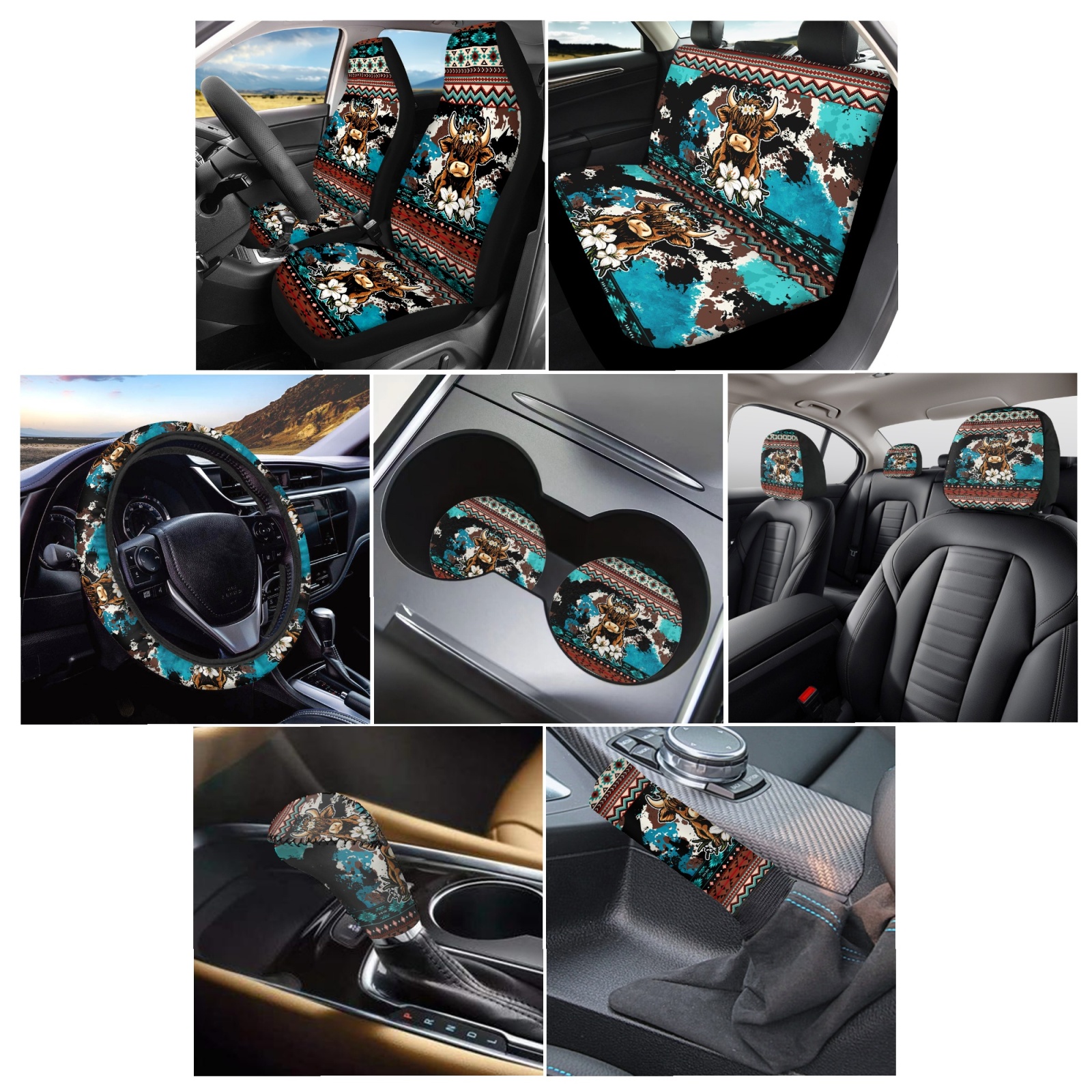 Renewold American Tribal Highland Cow Lily Car Seat Cover Full Set 11 Pack, with Steering Wheel Cover Coasters Gear Shift Knob Cover Handbrake Protector Headrest Protector Auto Decor Universal Fit