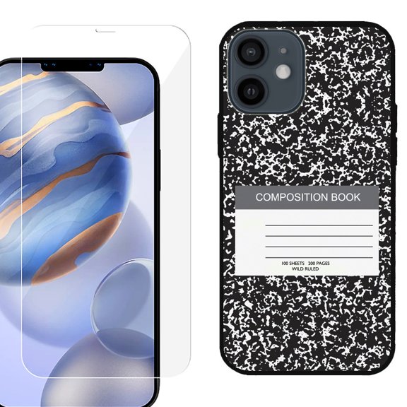 Slim-Fit Protective Phone Case (Black) compatible with iPhone 12 / iPhone 12 Pro, with Tempered Glass Screen Protector, by OneToughShield ® - Composition Book